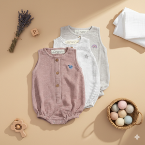 Organic Muslin Baby Romper (Pack of 3) – Old rose/Grey stripe/Grey thumbnail 2