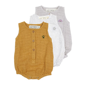 Organic Muslin Baby Romper (Pack of 3) – Ochre/Grey stripe/Grey